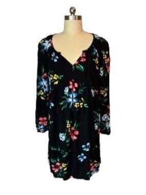 Old Navy Black Floral Boho Swing Dress XL Split Neck Tassel EUC